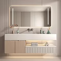 Modern Bathroom Vanity With LED Mirror White Countertop Wooden Cabinet And Decorative Toiletries