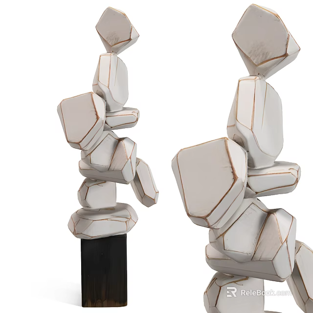 Abstract White Geometric Stone Carved Sculptures With Stacked Structure Brown Lines And Black Base 3d model 