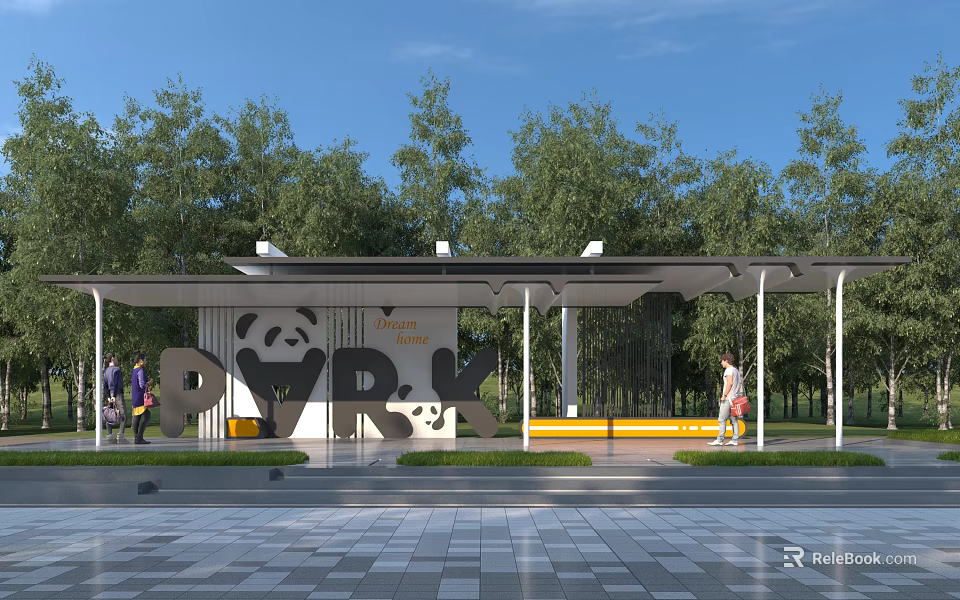 Outdoor Park Pergola With Panda Logo Shade Structure Green Trees And Paved Ground 3d model 