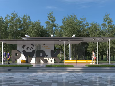 Outdoor Park Pergola With Panda Logo Shade Structure Green Trees And Paved Ground 3d model