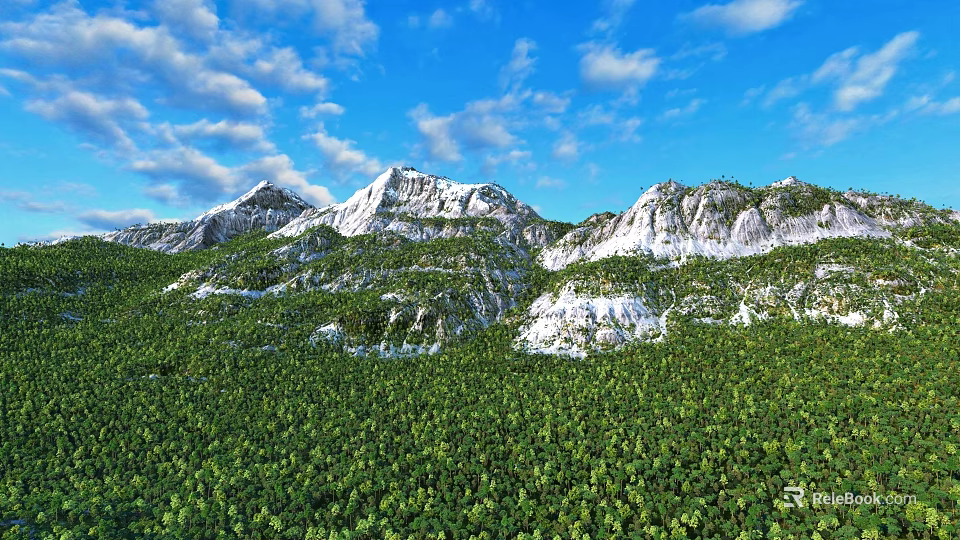 Beautiful Natural Mountain Landscape With Snowcapped Peaks Lush Green Forest Blue Sky With Floating Clouds 3d model 