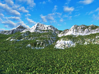 Beautiful Natural Mountain Landscape With Snowcapped Peaks Lush Green Forest Blue Sky With Floating Clouds 3d model