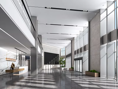 Modern Lobby Front Desk Reception With Marble Counter Glass Walls Green Plants And Natural Light 3d model