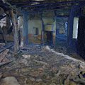 Dilapidated Building Interior With Collapsed Wooden Beams Broken Walls And Peeling Paint