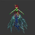 Anime Female Character In Blue Black Outfit With Purple Hair And Feathered Wings