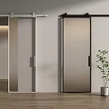 Modern Interior Sliding Barn Door With Transparent Frosted Glass Panels And Black White Rail