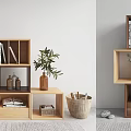 Modern Wooden Bookshelf Interior Design With Books Potted Plant Decorative Baskets And Storage Compartments
