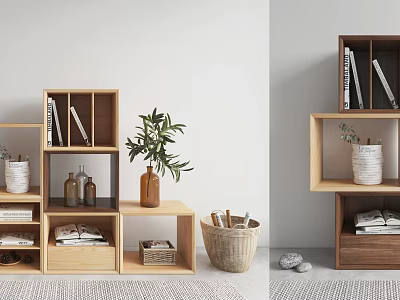 Modern Wooden Bookshelf Interior Design With Books Potted Plant Decorative Baskets And Storage Compartments 3d model