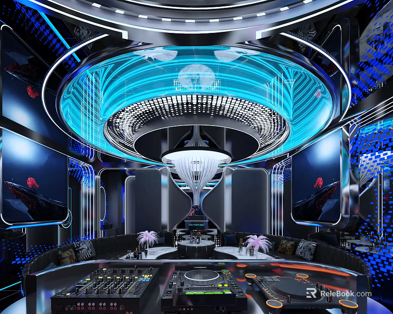Futuristic KTV Room With High Tech DJ Equipment And Neon Lights 3d model 