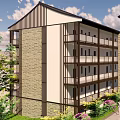 Modern Multi Storey Hotel Building With Balconies Stone Exterior And Lush Greenery