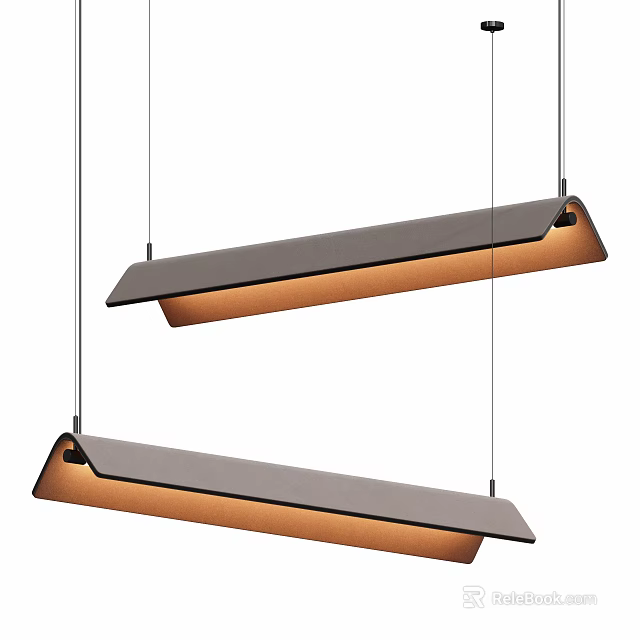 Modern Long Strip Pendant Lights With Gray Shade And Warm Orange Glow Hanging Design 3d model 