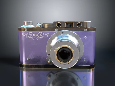 Vintage Digital Camera With Purple Silver Metal Body Decorative Patterns And Round Lens 3d model