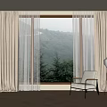 Beige Linen Curtains In Bright Room With Window Greenery And Floor Lamp