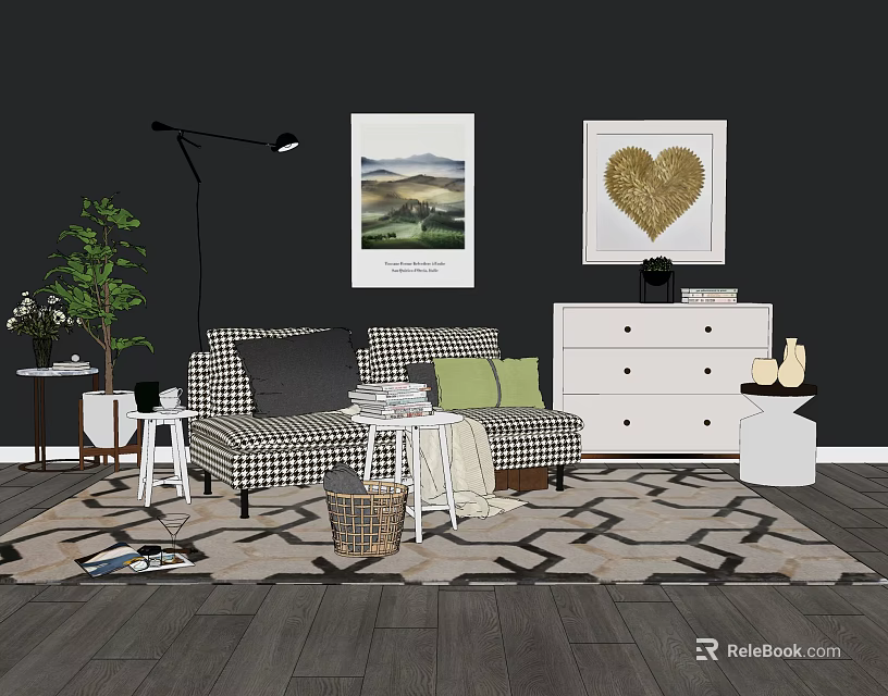 Checkered Double Sofa With Green Cushions In Living Room With Dark Wall And Wall Art 3d model 