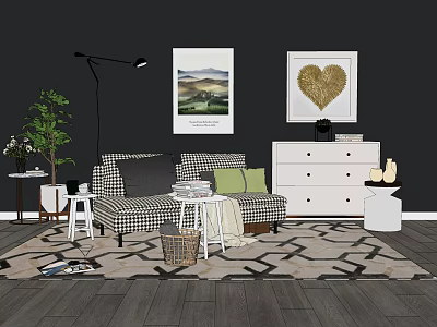 Checkered Double Sofa With Green Cushions In Living Room With Dark Wall And Wall Art 3d model