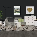 Checkered Double Sofa With Green Cushions In Living Room With Dark Wall And Wall Art