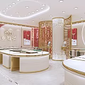 Elegant Modern Luxurious Jewelry Store Interior With Bright Lighting Gold Counters And Floral Decorations