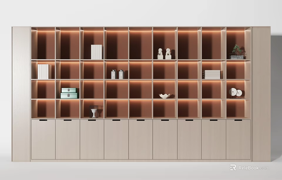 Modern Decorative Cabinet With Layered Shelves And Warm Lighting Displaying Decor Items And Books 3d model 