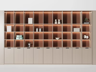Modern Decorative Cabinet With Layered Shelves And Warm Lighting Displaying Decor Items And Books 3d model