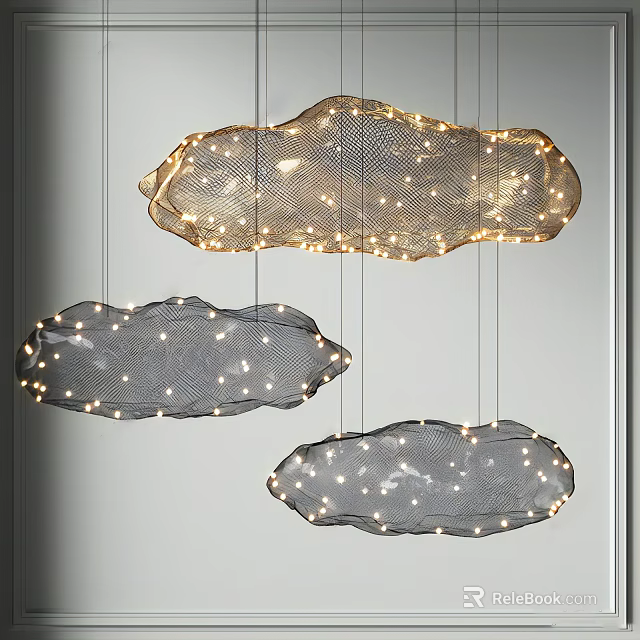 Three Cloud Shaped Netted Chandeliers with Illuminated Small Lights in Golden and Gray 3d model