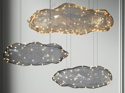 Three Cloud Shaped Netted Chandeliers with Illuminated Small Lights in Golden and Gray 3d model