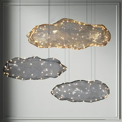 Three Cloud Shaped Netted Chandeliers with Illuminated Small Lights in Golden and Gray 3d model