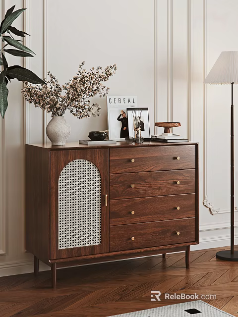 Walnut Entryway Cabinet Sideboard Featuring Woven Panel Drawers And Stylish Decor 3d model