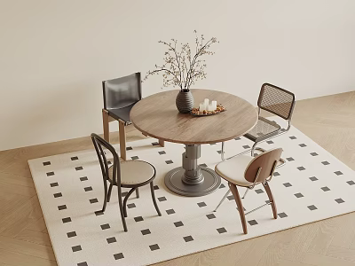 Dining Table Set with Round Table Four Chairs Vase Candles on Black White Square Rug 3d model
