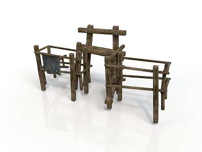 Rustic Wooden Furniture Set With Fence Like Shelves And Rural Style Design 3d model