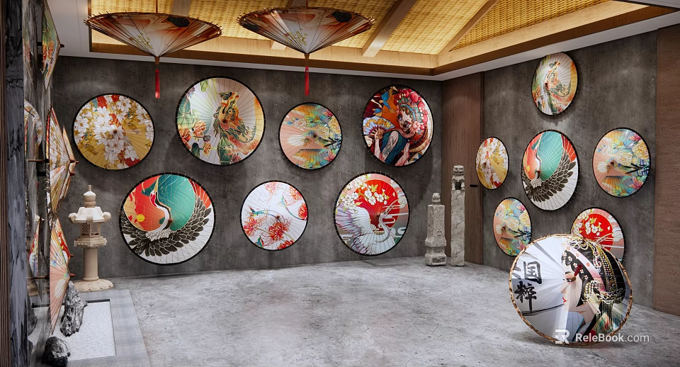 Japanese Style Interior With Circular Floral Bird Figure Paintings And Oil Paper Umbrellas 3d model 