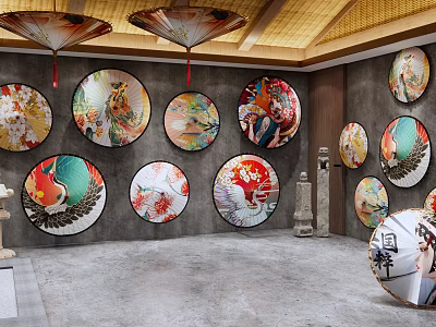 Japanese Style Interior With Circular Floral Bird Figure Paintings And Oil Paper Umbrellas 3d model