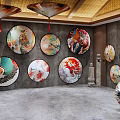 Japanese Style Interior With Circular Floral Bird Figure Paintings And Oil Paper Umbrellas