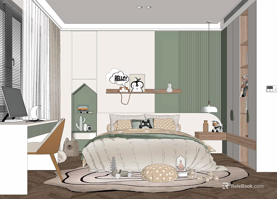 Modern Kids Room Interior With Green White Walls Bed Shelf Lamp Toys And Rug 3d model 
