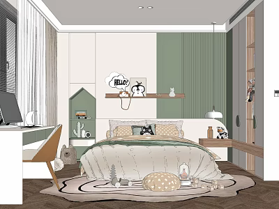 Modern Kids Room Interior With Green White Walls Bed Shelf Lamp Toys And Rug 3d model