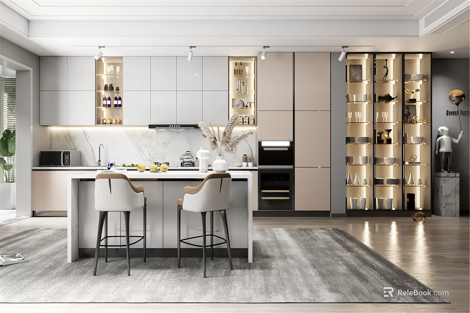 Modern Open Kitchen Interior Design With Island Counter Cabinets And Bar Stools 3d model 