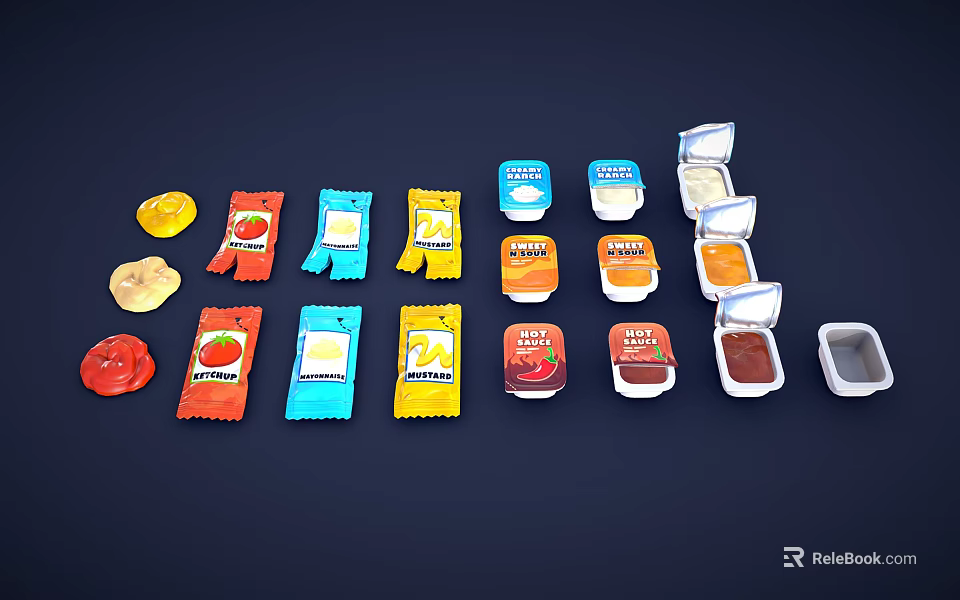 Assorted Colored Small Packaged Condiment Sachets And Containers With Various Flavors 3d model 