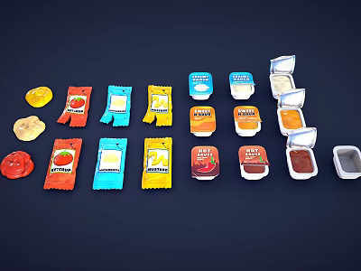 Assorted Colored Small Packaged Condiment Sachets And Containers With Various Flavors 3d model