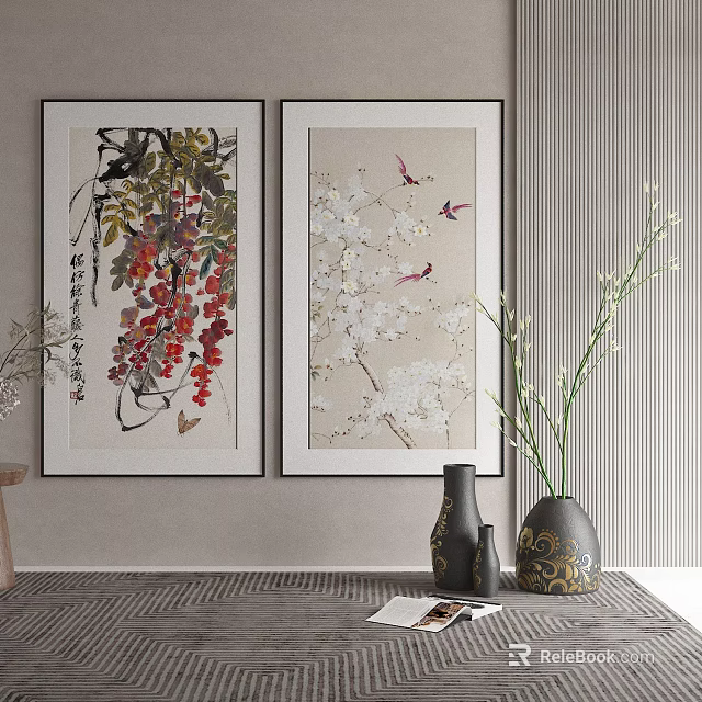 Traditional Plant Paintings With Flowers Birds On Wall And Vase Decor 3d model 