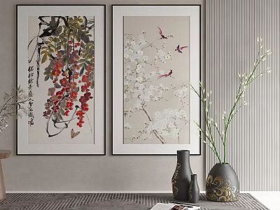 Traditional Plant Paintings With Flowers Birds On Wall And Vase Decor 3d model