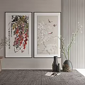 Traditional Plant Paintings With Flowers Birds On Wall And Vase Decor