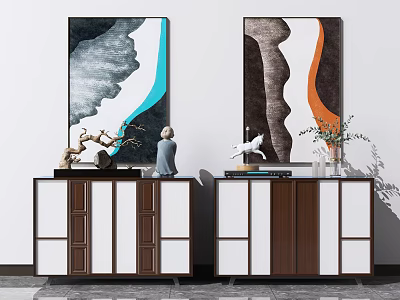Modern Console Table Design With White Brown Finish Decorative Paintings And Figurines 3d model