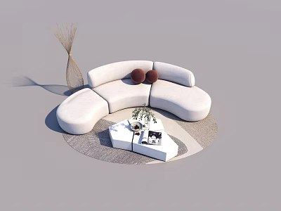 Modern Curved White Sofa And Coffee Table Set With Decorative Pillows And Area Rug 3d model
