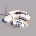 Modern Curved White Sofa And Coffee Table Set With Decorative Pillows And Area Rug