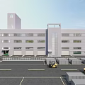 Industrial Factory Building Exterior with Truck in Parking Lot and Palm Trees Near Urban Skyline