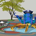 Octopus Themed Children's Play Structure With Pirate Hat And Yellow Slides In Water Playground