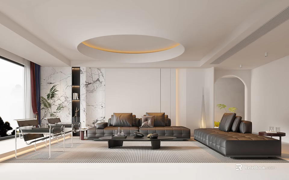 Modern Living Room Interior With Black Sofas Marble Wall Round Ceiling And Coffee Tables 3d model