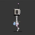 Robot With White Top Pink Antenna Blue Backpack Mechanical Arms Legs On Black Reflective Surface
