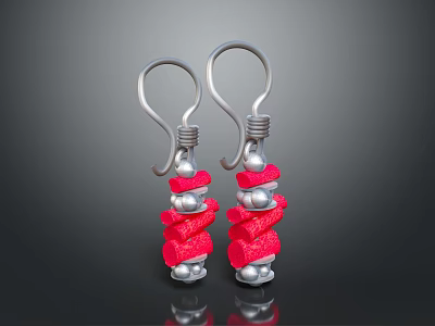 Chic Fashion Earrings Featuring Silver Hooks Twisted Red Decoration and Silver Beads 3d model