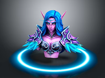 Fantasy Woman With Blue Hair Pointed Ears And Ornate Armor Surrounded By Blue Neon Ring 3d model