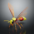 Vibrant Yellow and Red Wasp with Transparent Wings Standing on Dark Background